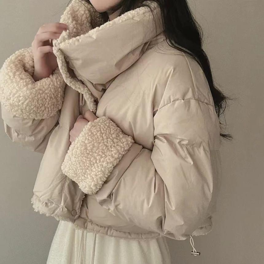 Plain Fluffy Trim Snap Button Puffer Jacket Product Image