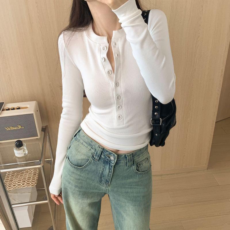 Long-Sleeve Round Neck Plain Half-Buttoned Slim Fit Tee Product Image