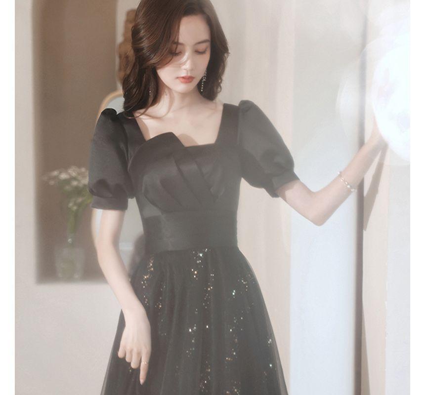 Short-Sleeve Sequin Mesh Panel A-Line Evening Gown Product Image