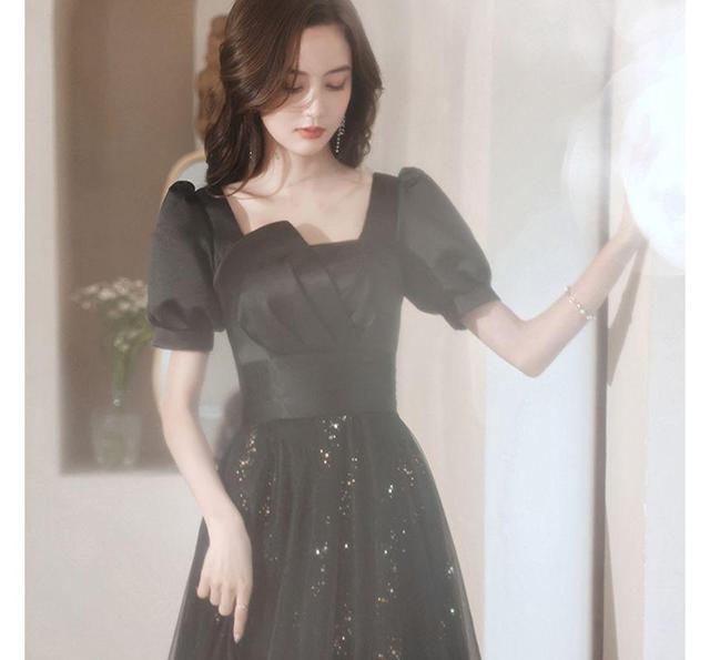 Short-Sleeve Sequin Mesh Panel A-Line Evening Gown Product Image