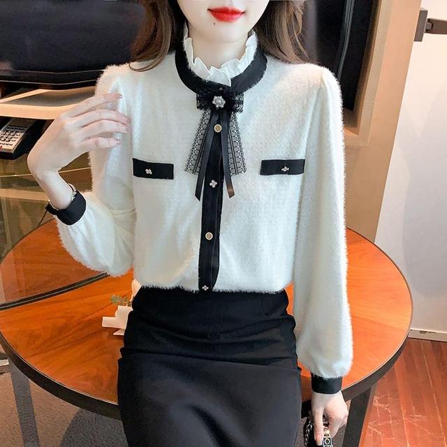 Long-Sleeve Stand Collar Bow Accent Contrast Trim Button-Up Blouse Product Image