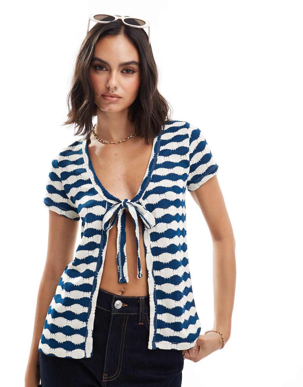 ASOS DESIGN tie front short sleeve cardigan in textured navy stripe Product Image