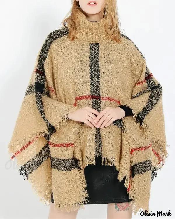 Olivia Mark – Women Sweater Pullover Autumn Winter Oversized Cape Plaid Turtleneck Fringe Hem Poncho Shawl Scarf product image