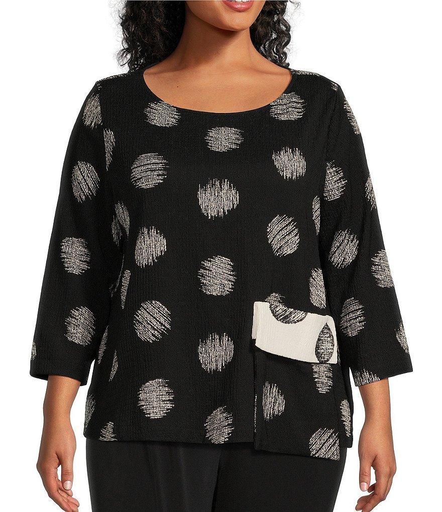 IC Collection Plus Size Woven Dotted Mixed Print Crew Neck 3/4 Sleeve Top Product Image