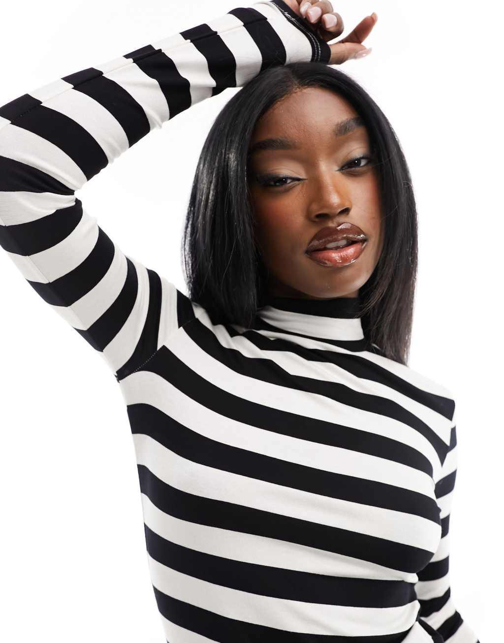 NA-KD long sleeve high neck top in white and black stripe Product Image