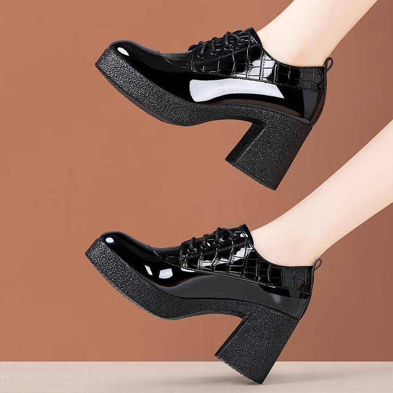 Croc Grain Platform Chunky Heel Lace-Up Shoes Product Image