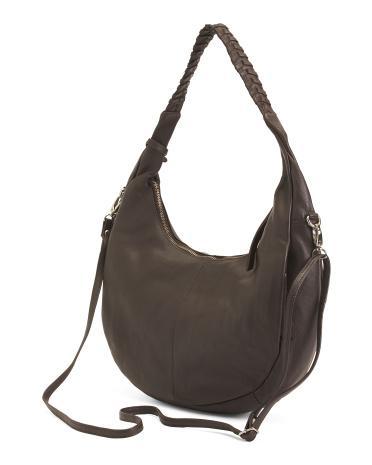 Large Leather Half Moon Top Zip Hobo With Whipstitch for Women Product Image