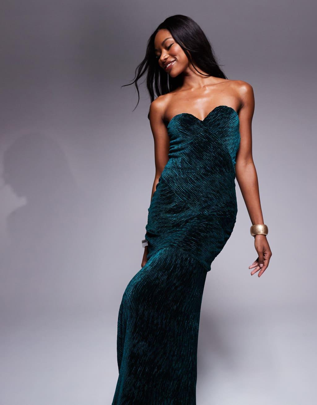 ASOS DESIGN textured velvet bandeau maxi dress in forest green Product Image