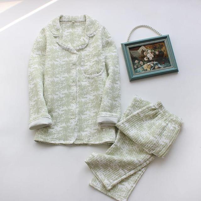 Pajama Set: Long-Sleeve Lapel Collar Leaf Print Lace Trim Button-Up Top + Pants Product Image