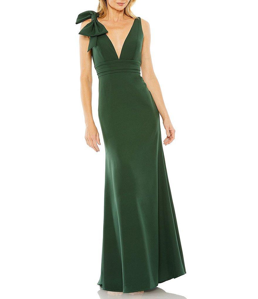 Ieena for Mac Duggal Plunging V-Neck Bow Shoulder Sleeveless Low Back Detail A-line Dress Product Image