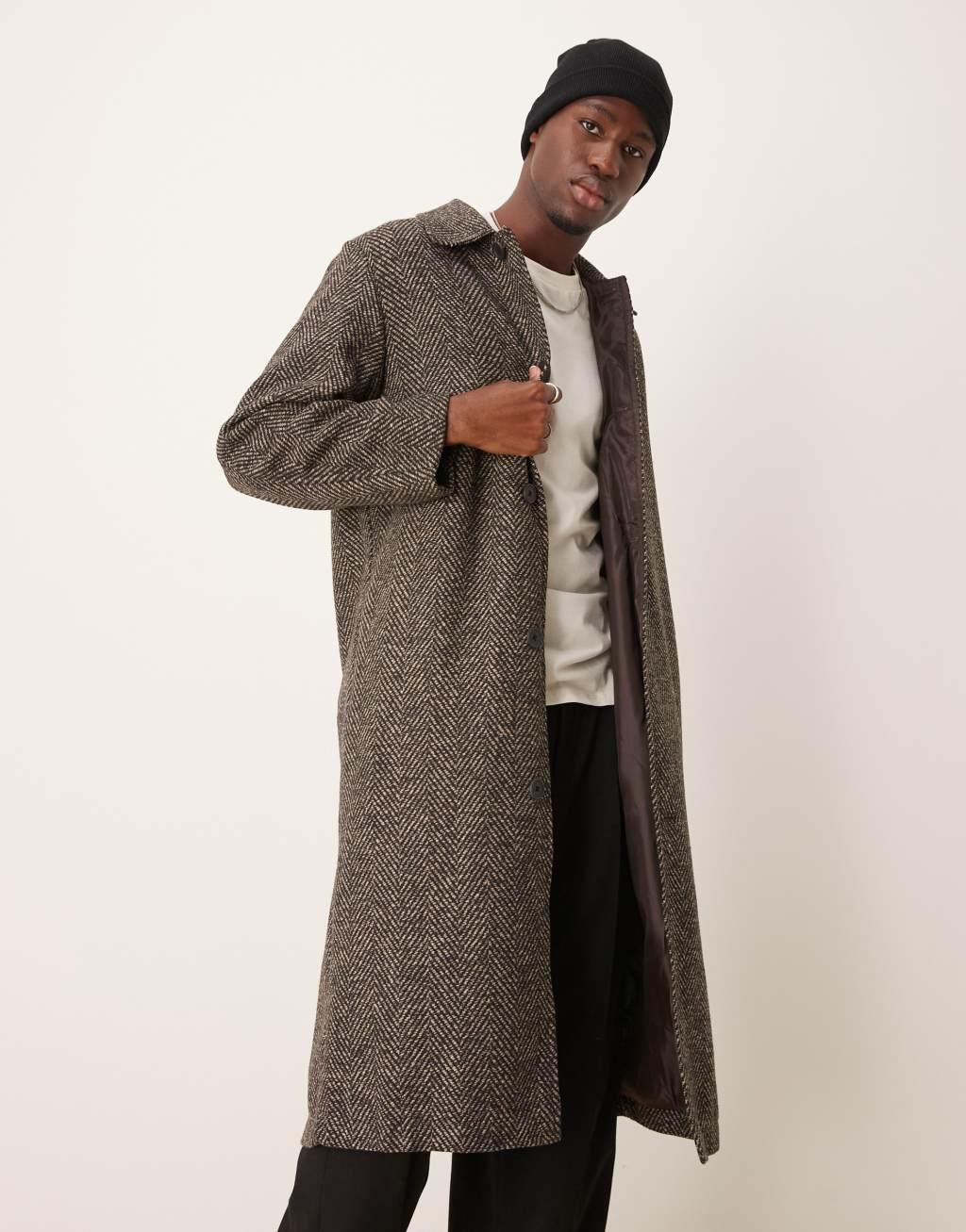 ASOS DESIGN wool look herringbone car coat in brown Product Image