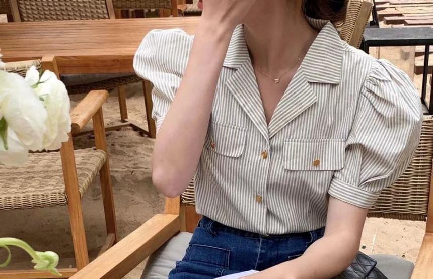 Short-Sleeve Lapel Collar Pinstriped Shirt Product Image