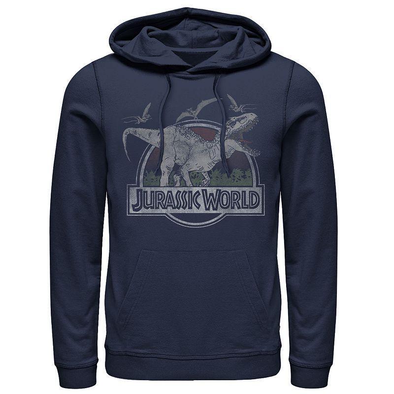 Mens Jurassic World T-Rex Dinosaurs Scene Logo Pullover Graphic Hoodie Blue Product Image