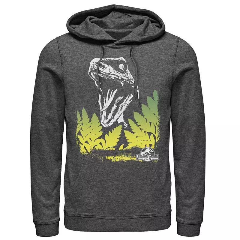 Mens Jurassic World Raptor Roaring Behind Bushes Graphic Pullover Hoodie Blue Product Image