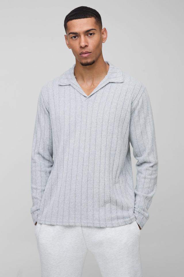 Brushed Wide Rib Revere Long Sleeve Polo | boohooMAN USA Product Image