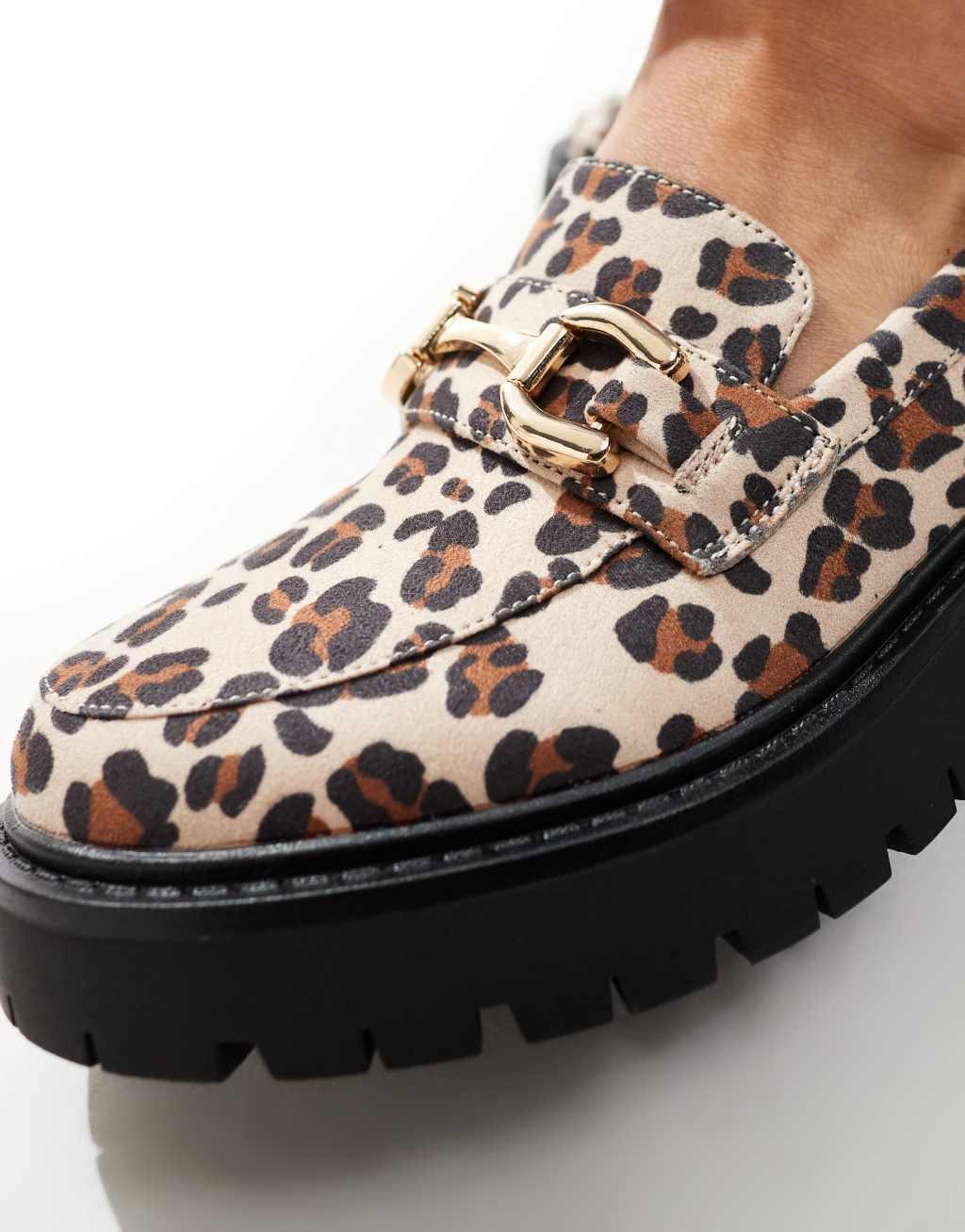 London Rebel Perdy wide fit metal trim chunky loafers in leopard Product Image