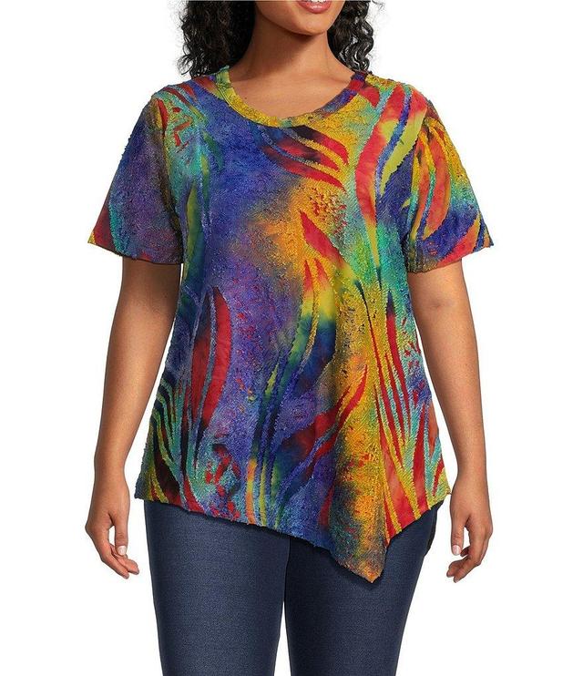 Calessa Plus Size Jacquard Knit Burnout Tie-Dye Abstract Paisley Print Crew Neck Short Sleeve Asymmetrical Hem Tunic Product Image