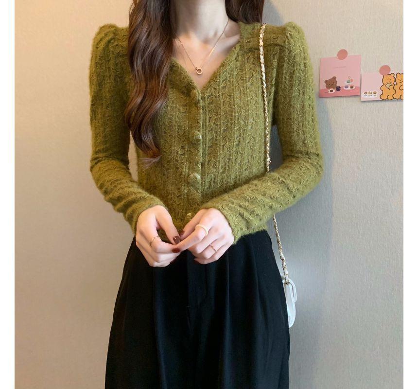 Long-Sleeve V-Neck Plain Lace Cropped Blouse Product Image