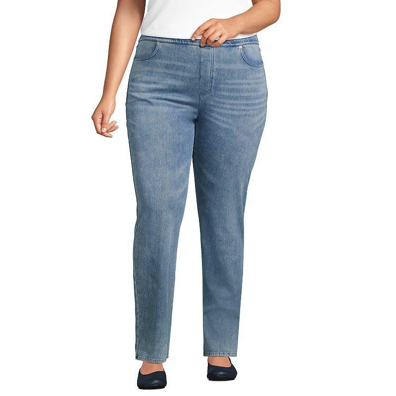 Plus Size Lands End Starfish Mid-Rise Pull-On Knit Straight-Leg Jeans, Womens Dark Blue Product Image