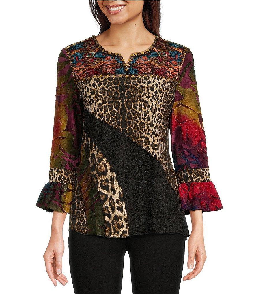 Calessa Patchwork Stretch Split V-Neck 3/4 Ruffled Sleeve Top Product Image