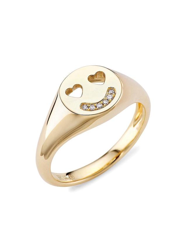 Womens 14K Gold & Diamond Smiley Face Signet Ring Product Image