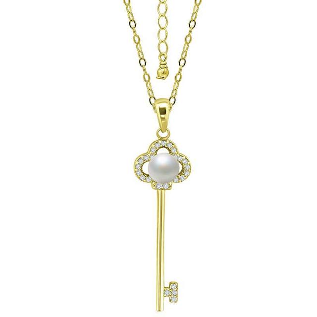 Aleure Precioso Sterling Silver Cubic Zirconia & Freshwater Cultured Pearl Key Pendant Necklace, Womens Gold Tone Product Image