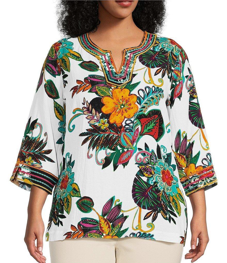 John Mark Plus Size Embroidered Tropical Floral Print Round Split Neck 3/4 Sleeve Tunic Product Image