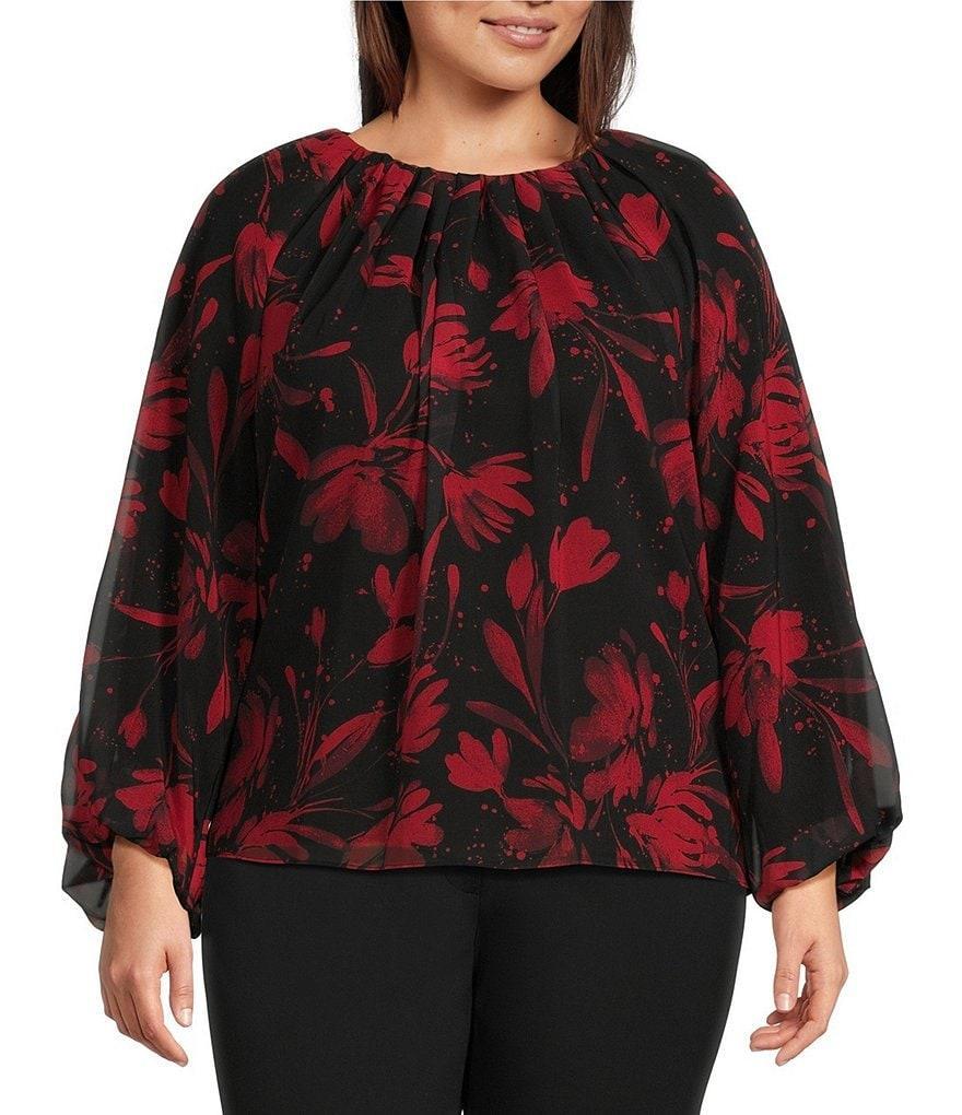 Calvin Klein Plus Size Floral Woven Shirred Crew Neck Long Sleeve Top Product Image