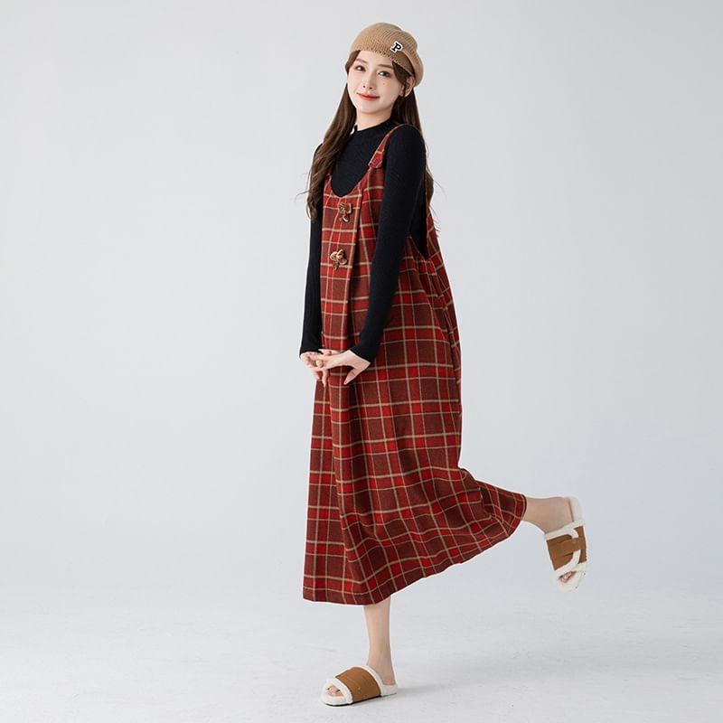 Maternity Long-Sleeve Mock Neck Plain Slim Fit Top / Plaid Bow Midi A-Line Pinafore Dress Product Image