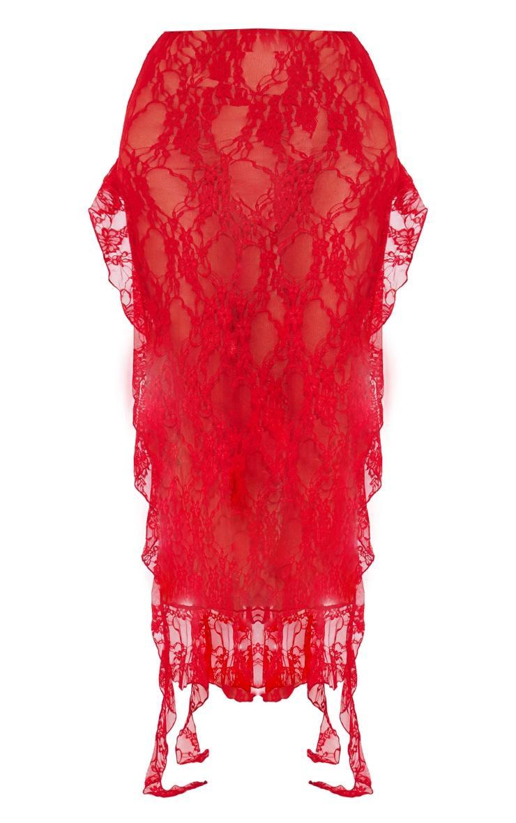 Cherry Red Lace Side Split Ruffle Detail Maxi Skirt Product Image