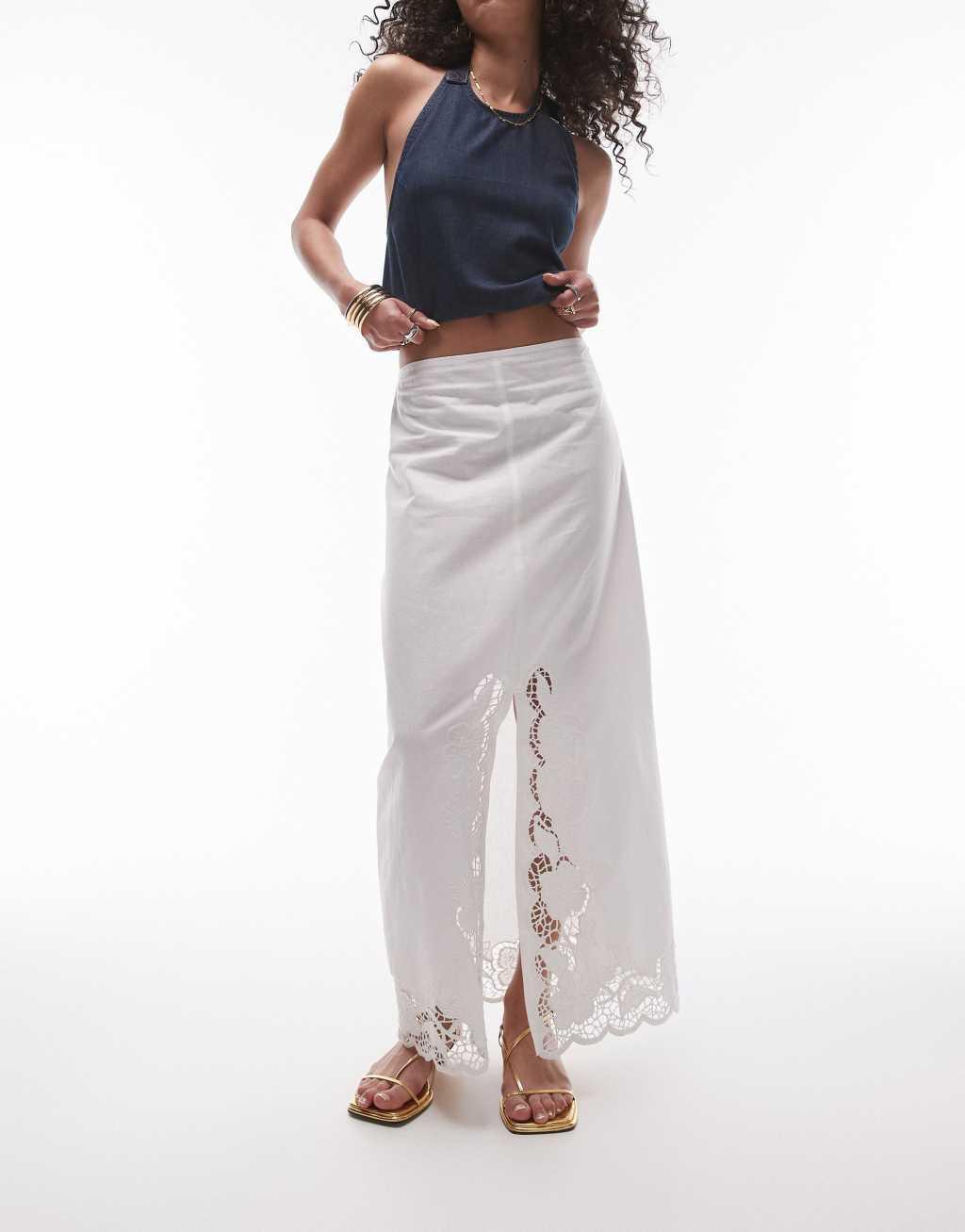 Topshop cutwork trim midi skirt in white Product Image