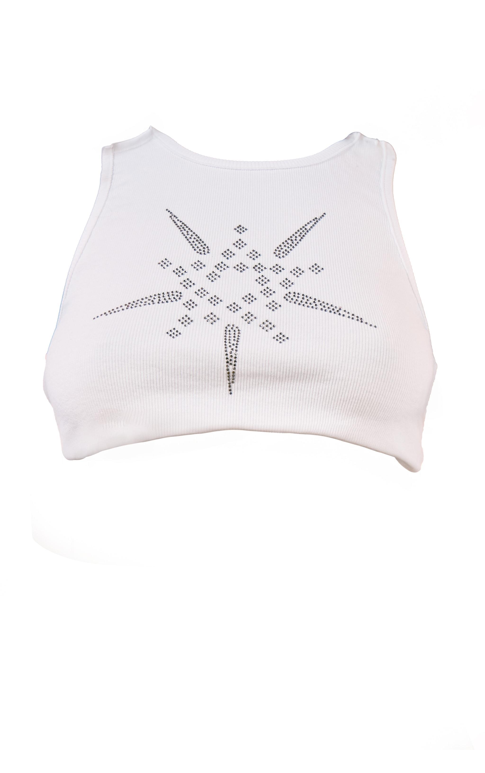 White Diamante Graphic Ribbed Racer Neck Crop Top Product Image