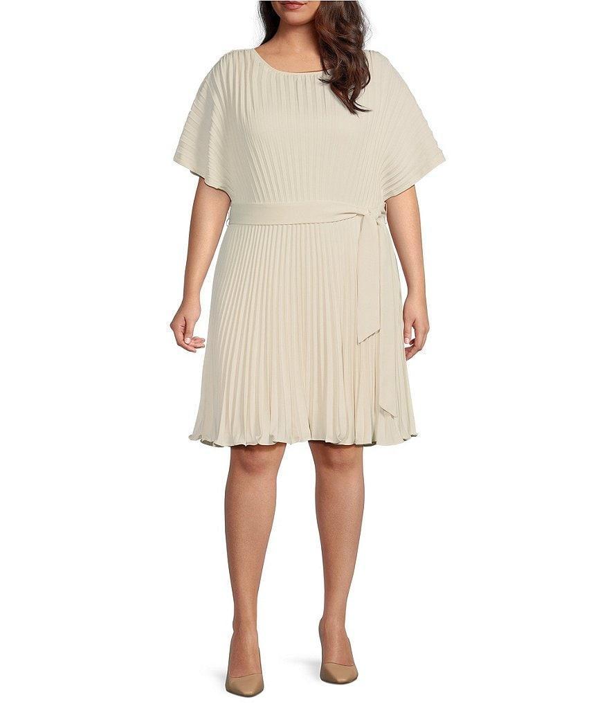 DKNY Plus Size Woven Pleated Crew Neck Short Sleeves Belted Fit & Flare Dress Product Image