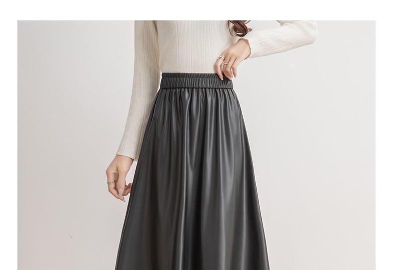 High Waist Faux Leather Midi A-Line Skirt Product Image