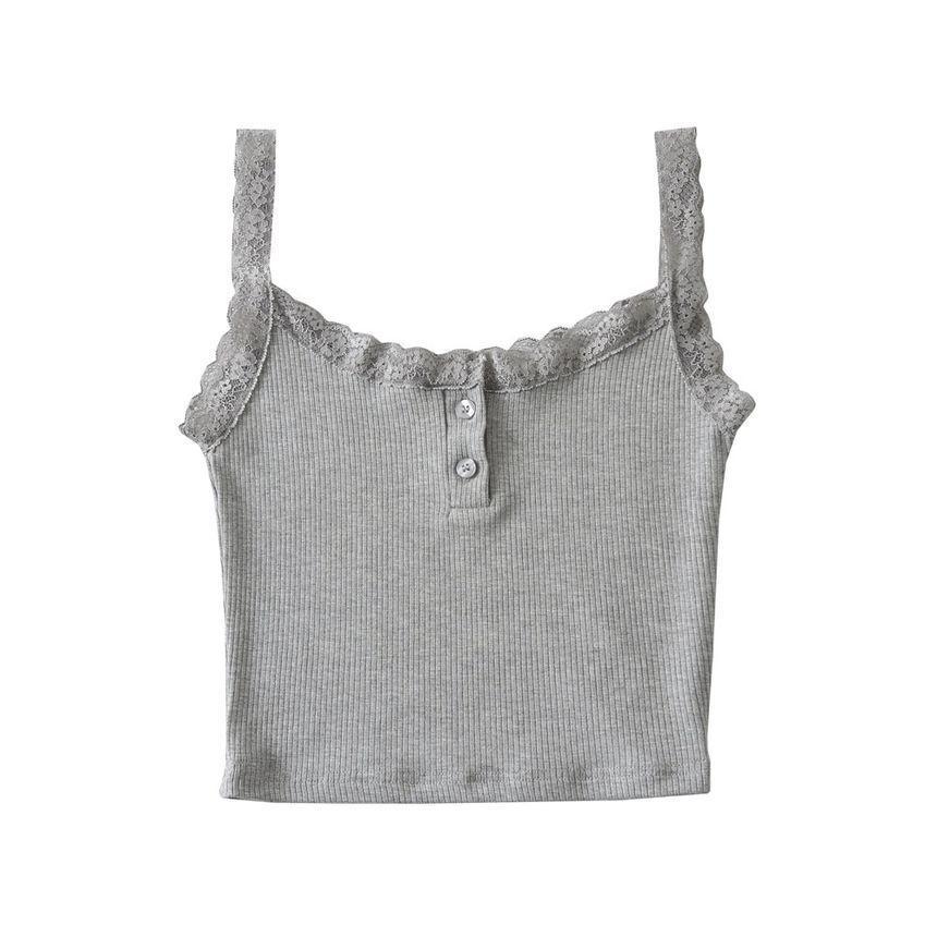 Henley Plain Lace Trim Crop Tank Top Product Image