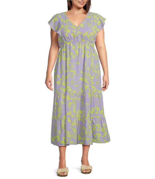 Jessica Simpson Plus Size Floral Printed Short Flutter Sleeve V-Neck Tiered Maxi Dress Product Image