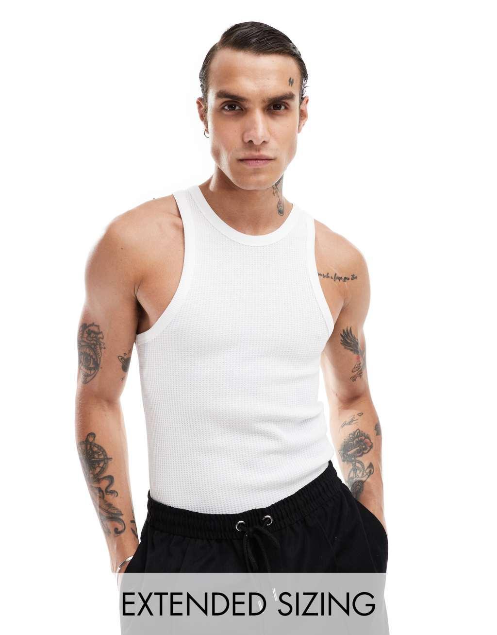 ASOS DESIGN muscle fit textured tank top in white Product Image