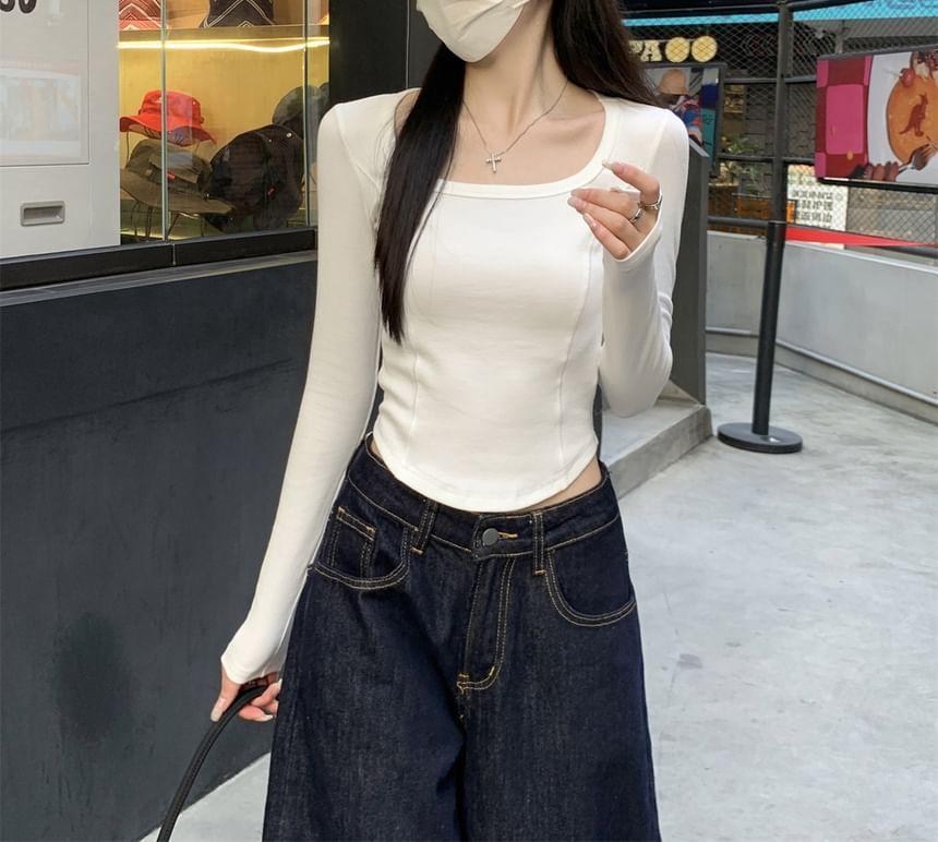 Long-Sleeve Square Neck Plain Crop Top Product Image