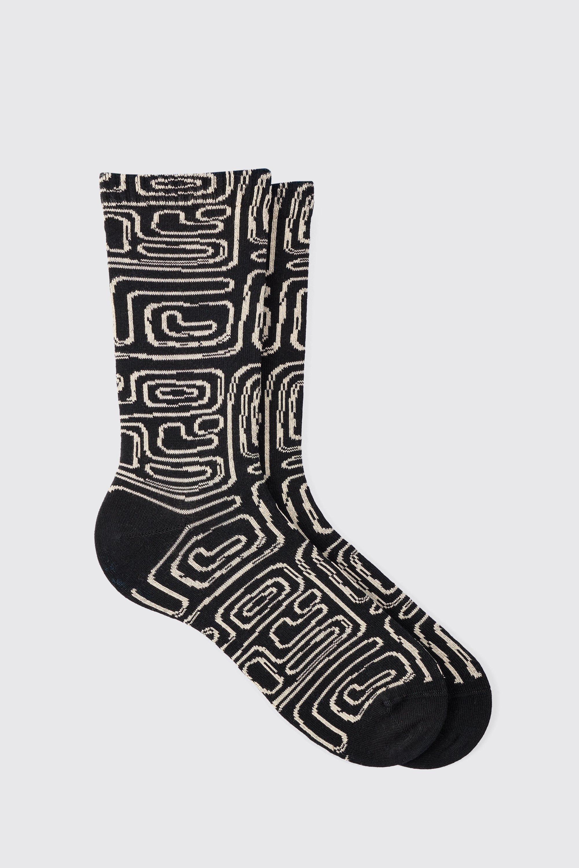 Mens Abstract Patterned Socks In Black, Black Product Image