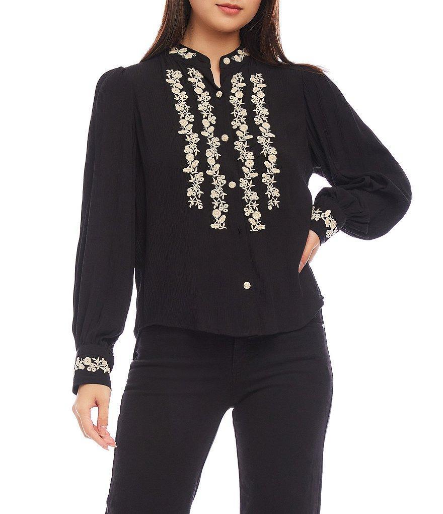 Karen Kane Embroidered Mandarin Collar Long Sleeve Blouse Product Image