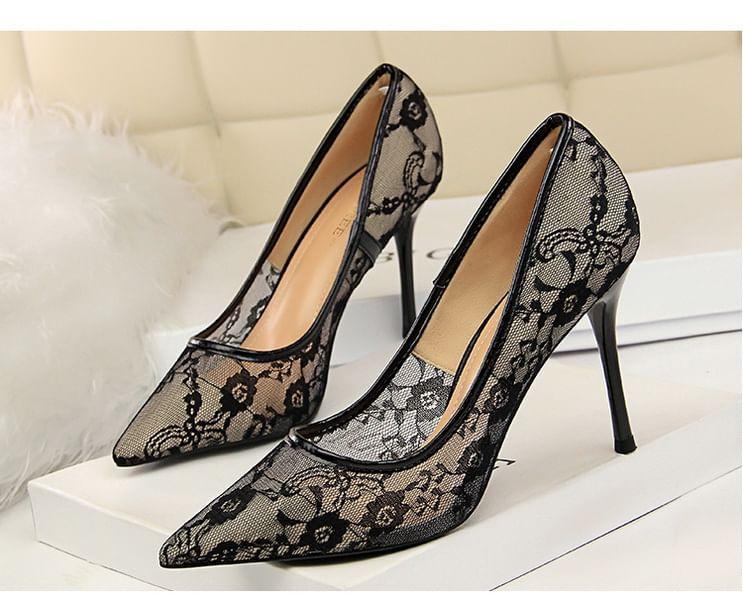 Stiletto Pointed Toe Lace Pumps Product Image