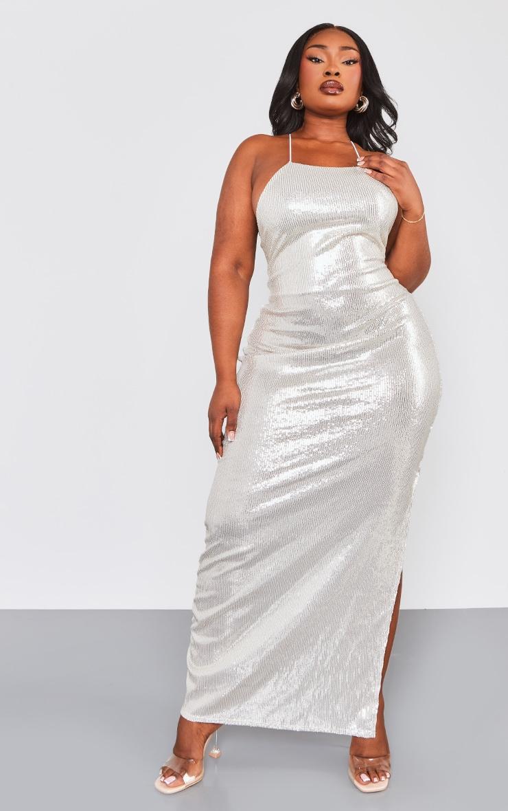  Plus Champagne Sequin Racer Neck Cowl Back Maxi Dress Product Image