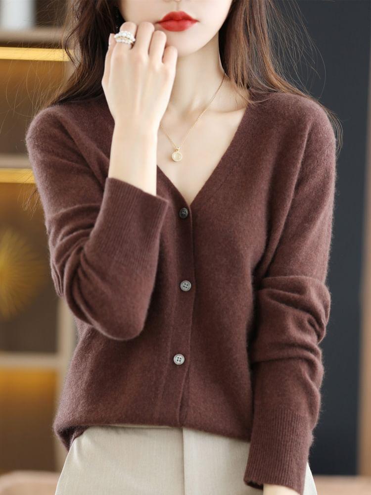 V-Neck Button-Up Plain Cardigan Product Image