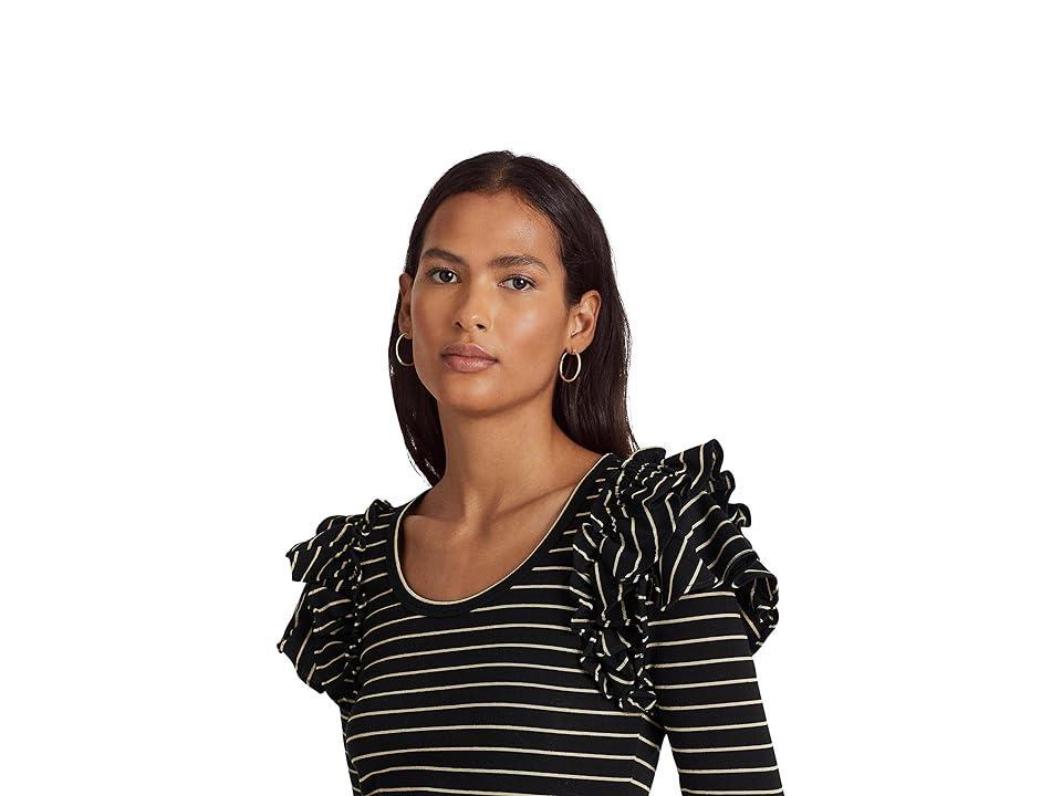 LAUREN Ralph Lauren Petite Metallic Striped Ruffle-Trim Knit Top (Polo /Gold) Women's Clothing Product Image