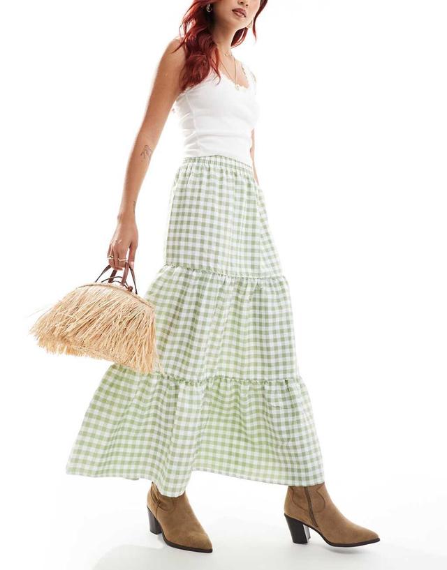 Miss Selfridge tiered maxi gingham skirt in sage Product Image