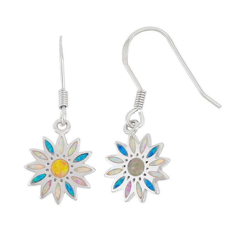 Sterling Silver Lab-Created Opal Daisy Drop Earrings, Womens, Multicolor Product Image