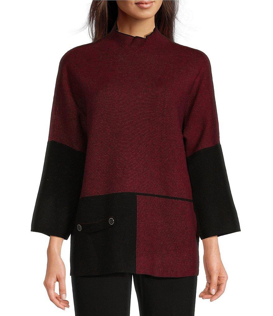 Ali Miles Color Block Knit Mock Neck 3/4 Dolman Sleeve Sweater Product Image