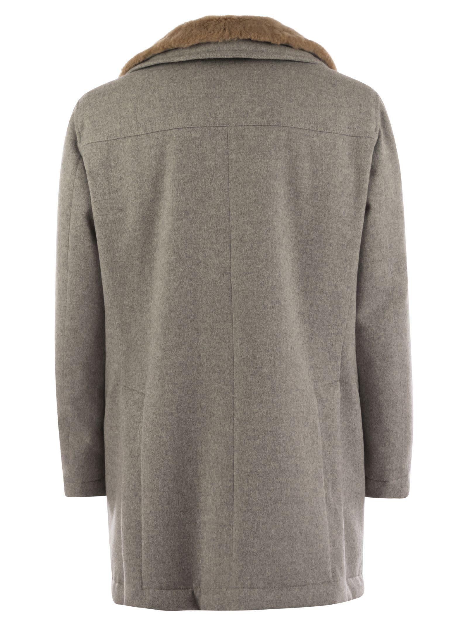 BRUNELLO CUCINELLI Cashmere Coat With Shearling Collar In Grey Product Image