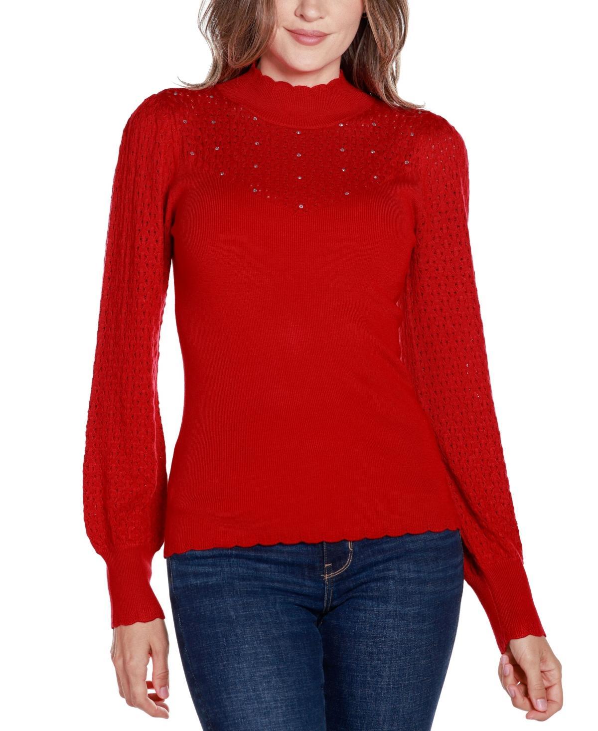 Belldini Womens Black Label Pointelle and Rhinestone Detail Sweater Product Image