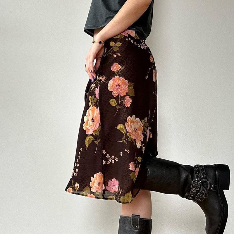 Low Waist Floral Print Mesh Midi Skirt Product Image